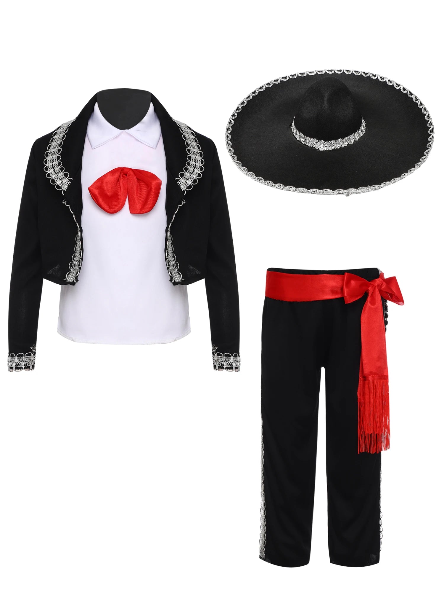Disfraz de Halloween de Mariachi Tradicional Mexicano para Niños, Traje de Cosplay para Fiestas, Conjunto de Chaleco, Pantalones, Chaqueta, Fajín y Sombrero