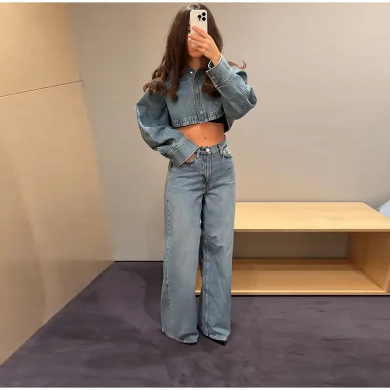 Women Denim Short Tops Pants 2 Piece Sets Lapel Baggy Long Sleeves Coats Straight Wide Leg Loose Jeans Suits 2025 Summer Outfits