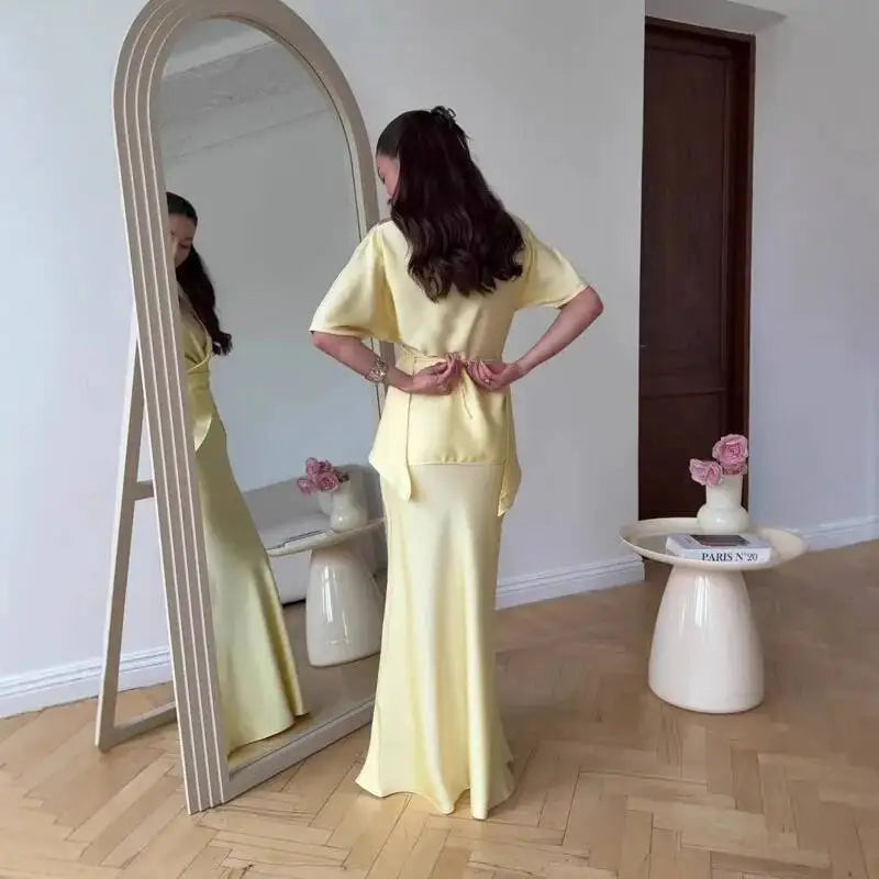 Elegant Solid Satin Tops Skirt 2 Piece Set Women's  New Stylish Lace Up Top High Waist Mermaid Skirt Office Lady Chic Outfit