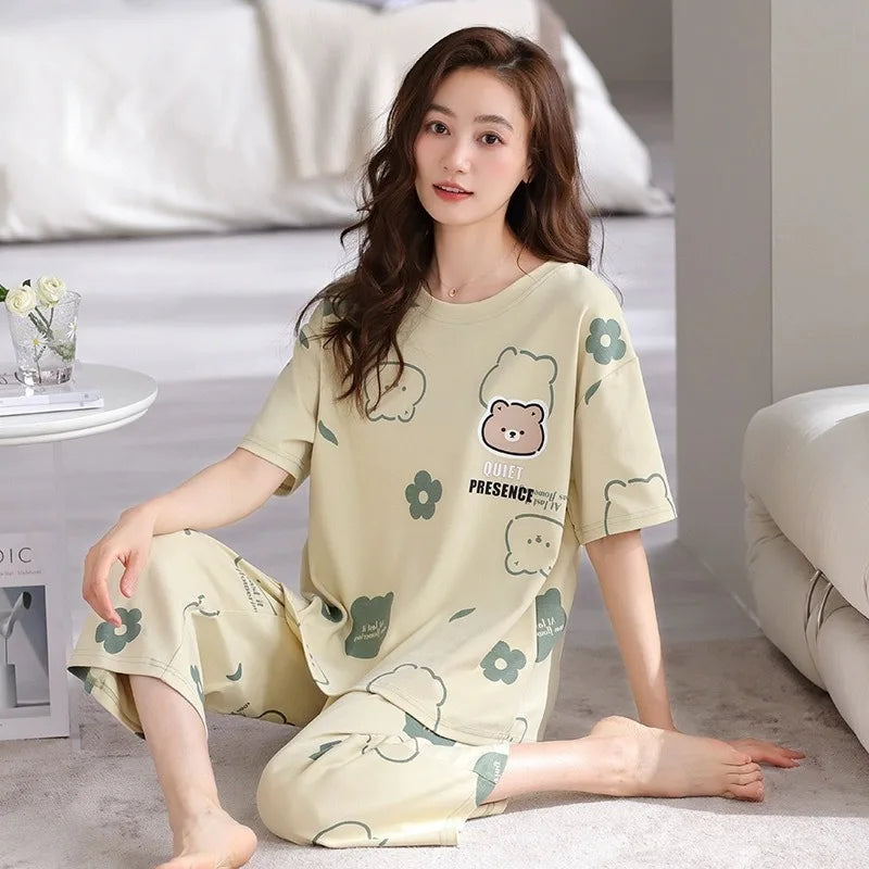 Women Pajamas Tops and Pants Girl Nightwear Homewear Set Round Neck Striped Cartoon Animals Patteen Ladies Sleepwear Loungewear