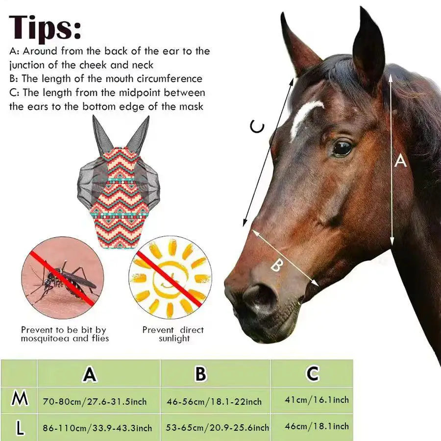 Masque anti-mouches pour chevaux, protection du visage, des oreilles, du nez et des oreilles, pour activités de plein air