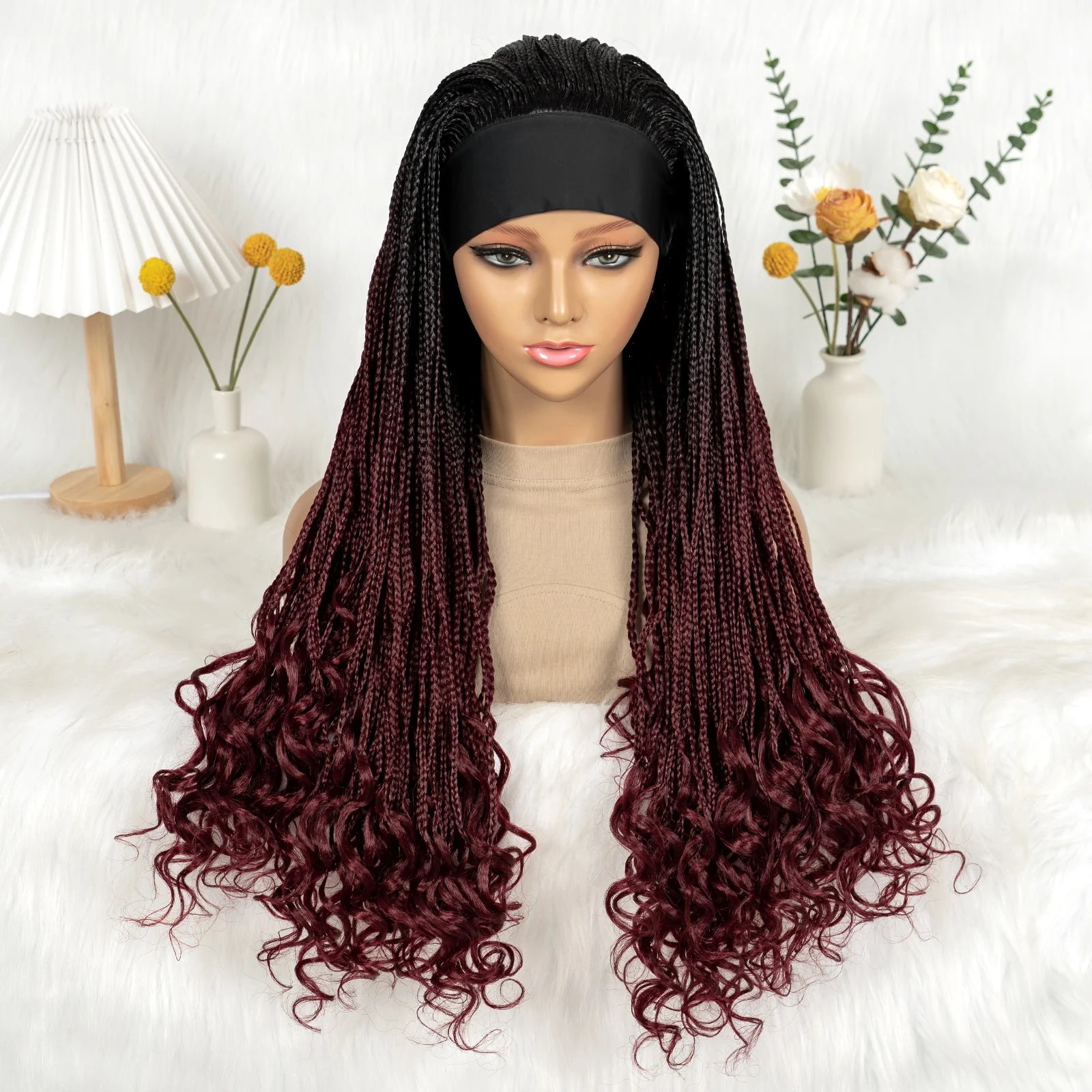 Silk Headband Wig Braided Wigs with Curly Ends Headband Wigs Knotless Braided Wig Easy to Wear for Black Women