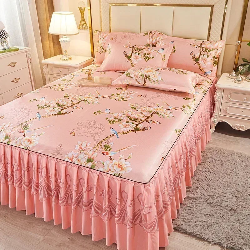 3 deler sommer sengeteppe i skjørtstil, sengeteppe i blonder i europeisk stil, tredelt sett i skjørtstil, sengeteppe i madrass, støvbeskyttelse