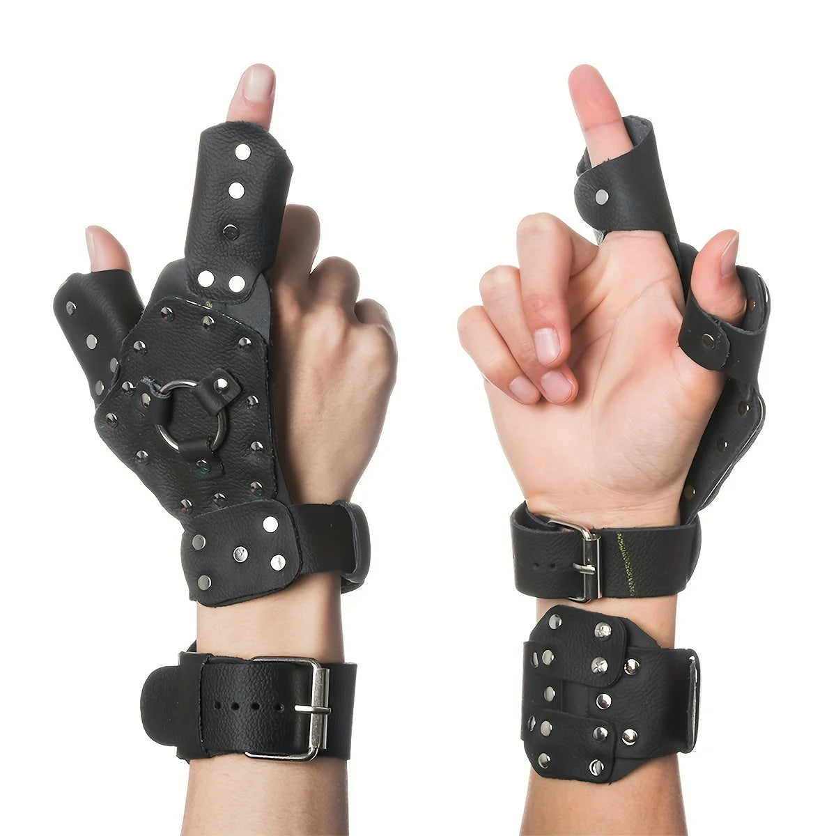 Guantes protectores para deportes al aire libre: remaches para honda/tiro con arco/dardos/pesca, guantes de cuero, muñequeras fijas negras
