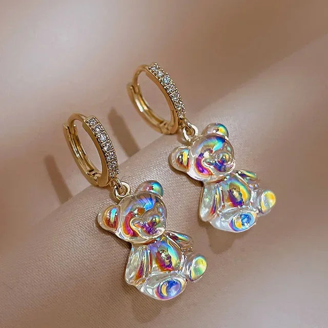 Pendientes colgantes de oso de gominola de acrílico bonitos para mujer, pendientes de aro de oso arcoíris CZ, joyería dulce de niña, moda coreana 2022
