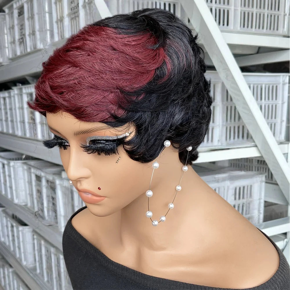 6 Inch Human Hair Pixie Cut Wig for Women Short Curly Wig Black and Honey Blonde Ombre  Full Machine Made Wig
