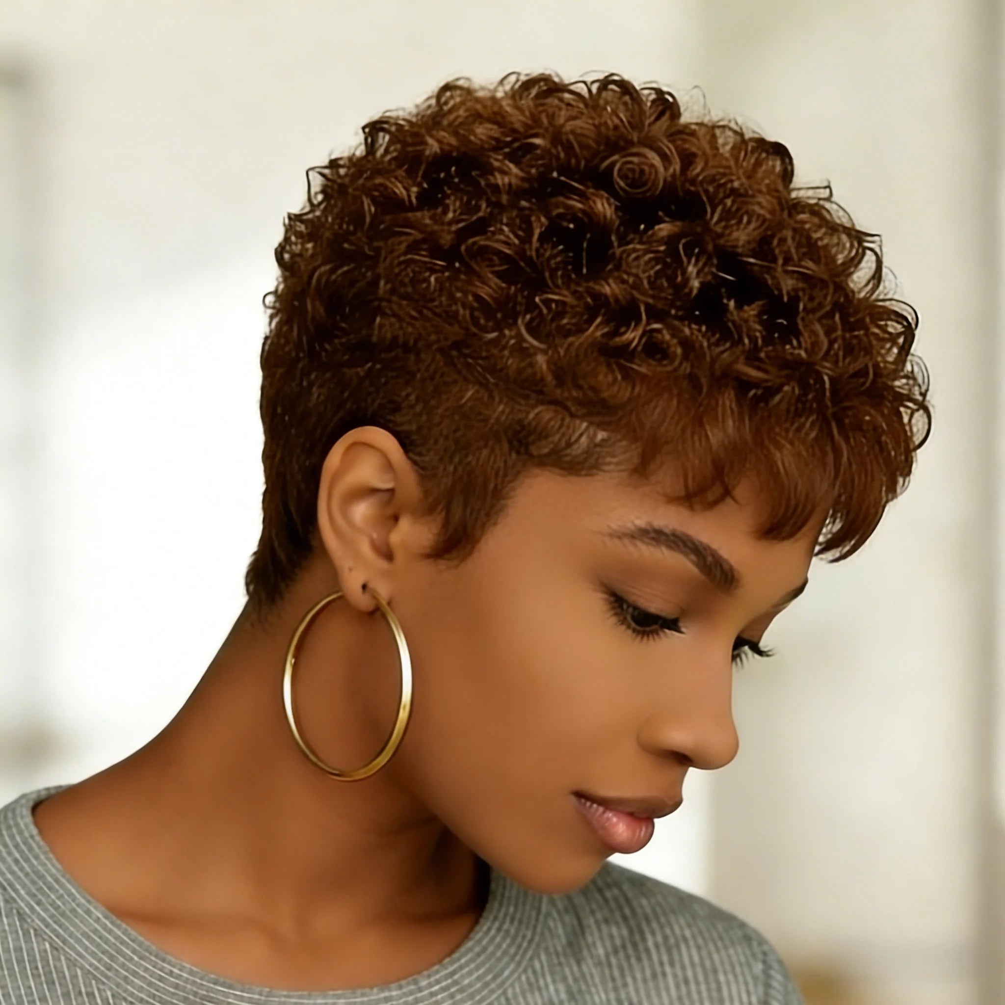 Pixie Cut Wigs Human Hair Short Curly  For Women Natural Black Wine red brown Full Machine Made Wig