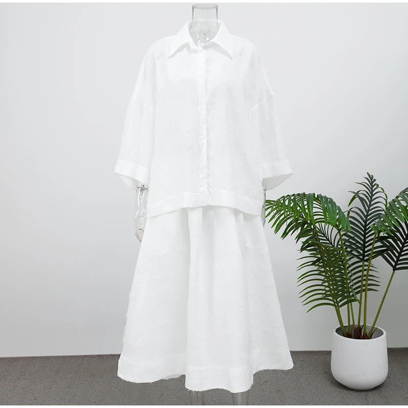 Summer Tassel Shirt Skirt Set For Women Elegant White Loose High Waist Pleated Maxi Skirts Suits 2025 Office Lady Street Outwear