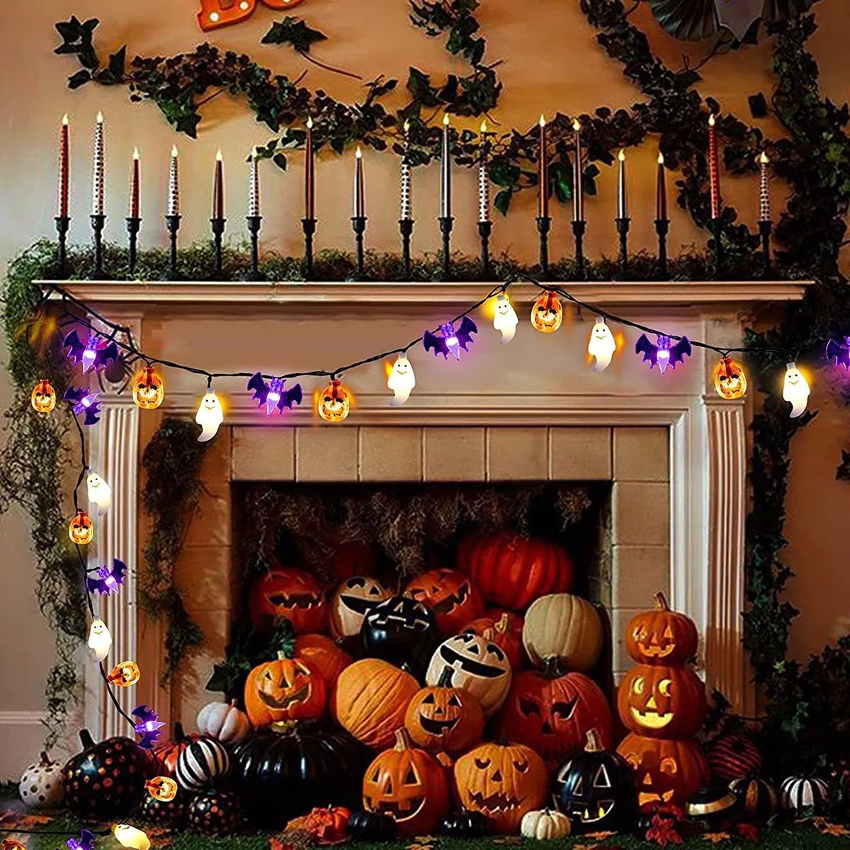 Halloween LED light string ghost bat pumpkin three in one light string holiday decoration colorful lights full of atmosphere