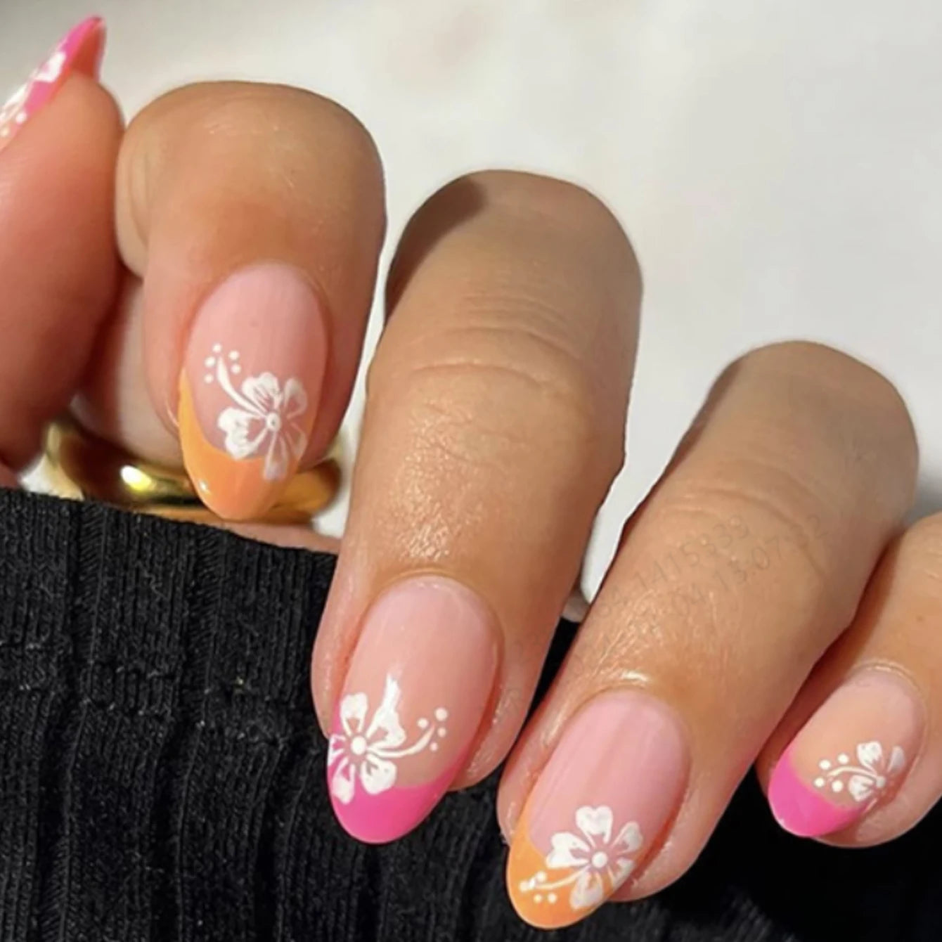 24 pcs short square French simple flower nails +1 nail glue +1 nail file