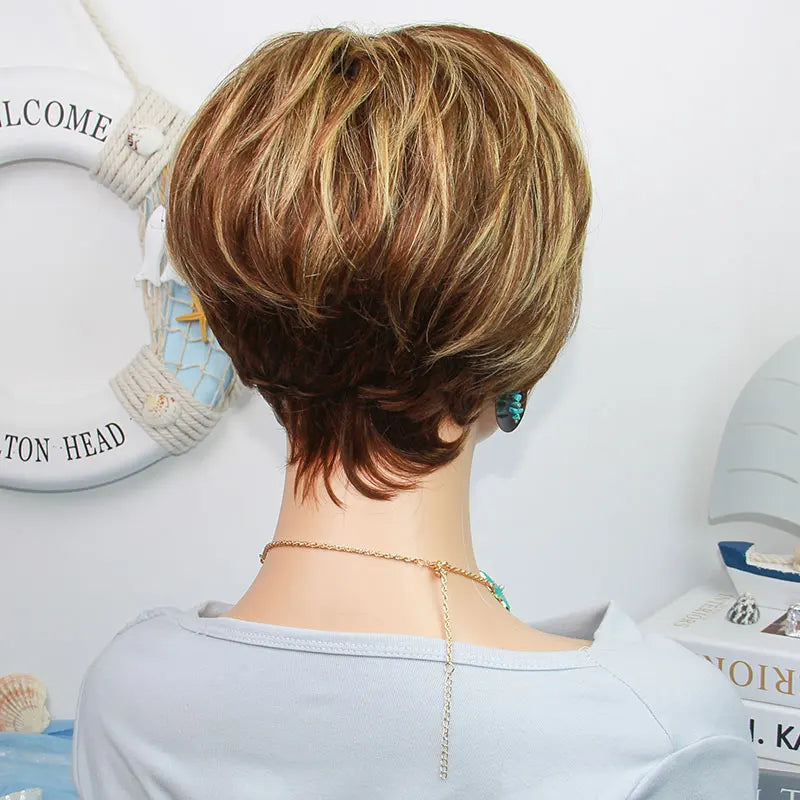 Short Straight Human Hair Wigs Highlight Color Brazilian Remy Hair Pixie Cut Wig Cheap Human Hair Machine Wig For Black Women