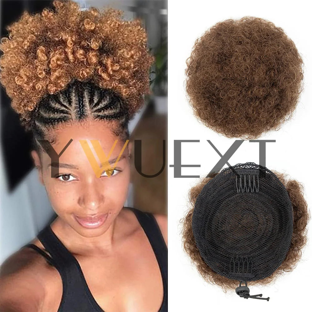 Afro Puff Ponytail 4-6 Inch Human Hair Puff Ponytail Hair Extensions Clip On Kinky Drawstring Curly Ponytail Bun Durable Natural Soft And Smooth Hairpiece Kinky Curly Bun Hair Clip In Drawstring Curly Ponytail Bun