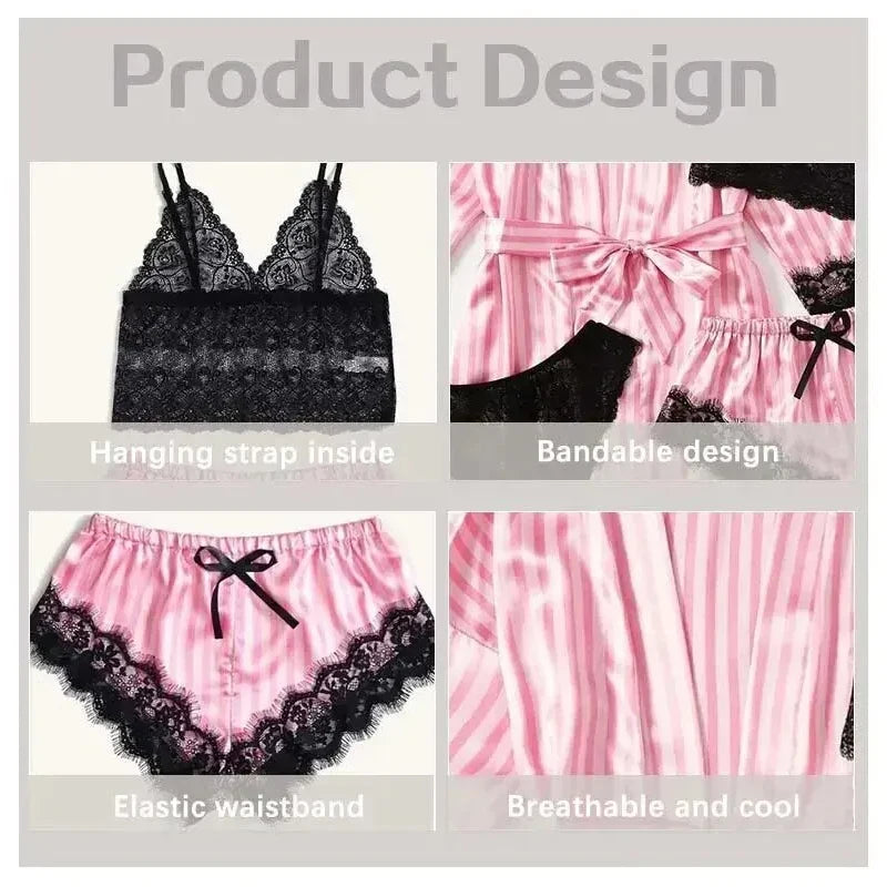Women Satin Silk Pajamas Set 4 Pcs outfit Sexy Striped Lace Nightwear Sleepwear Ladie Lingеrie Robe Pajama Pants New in Matching