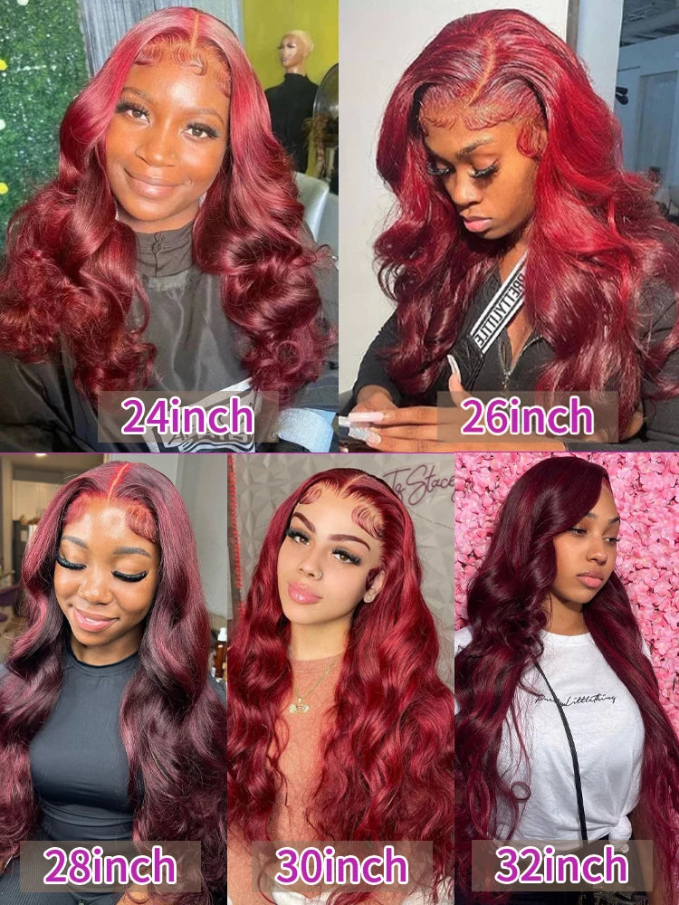 Transparent 99J Burgundy 13x6 Lace Frontal Body Wave Wig Red Colored Human Hair 13x4 HD Lace Frontal Wigs For Women Bleach Knots