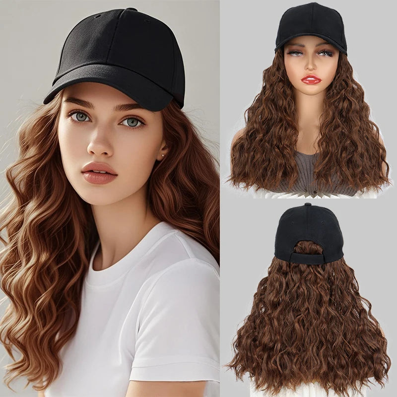 Synthetic 18Inch Long Curly Elegant Black Baseball Cap Hat Wig Heat-Resistant Hair Easy Wear Versatile for All Occasions