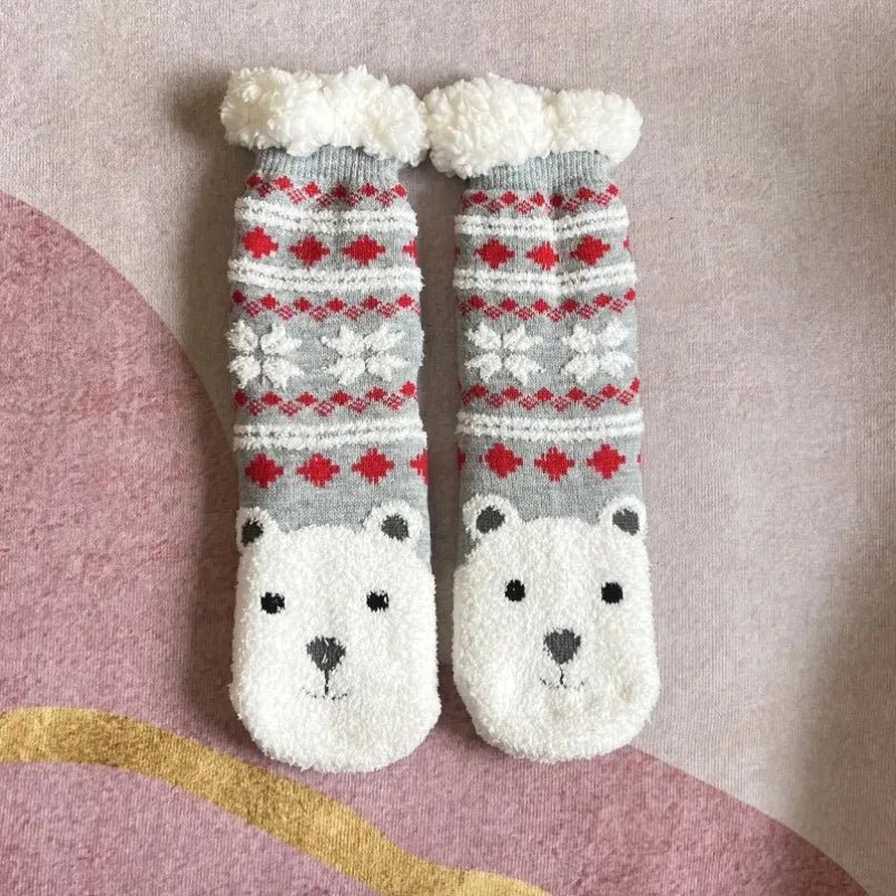 Fuzzy Thermal Sock Women Winter Warm Funny Bear Sheep Cute Kawaii Non Slip Cartoon Sleeping Soft Comfy Female Floor Slipper Sock