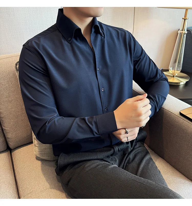 Men Dress Shirt Autumn British Style Solid Casual Slim Fit Formal Camisas V-neck Long Sleeves Shirt Streetwear Men Clothing