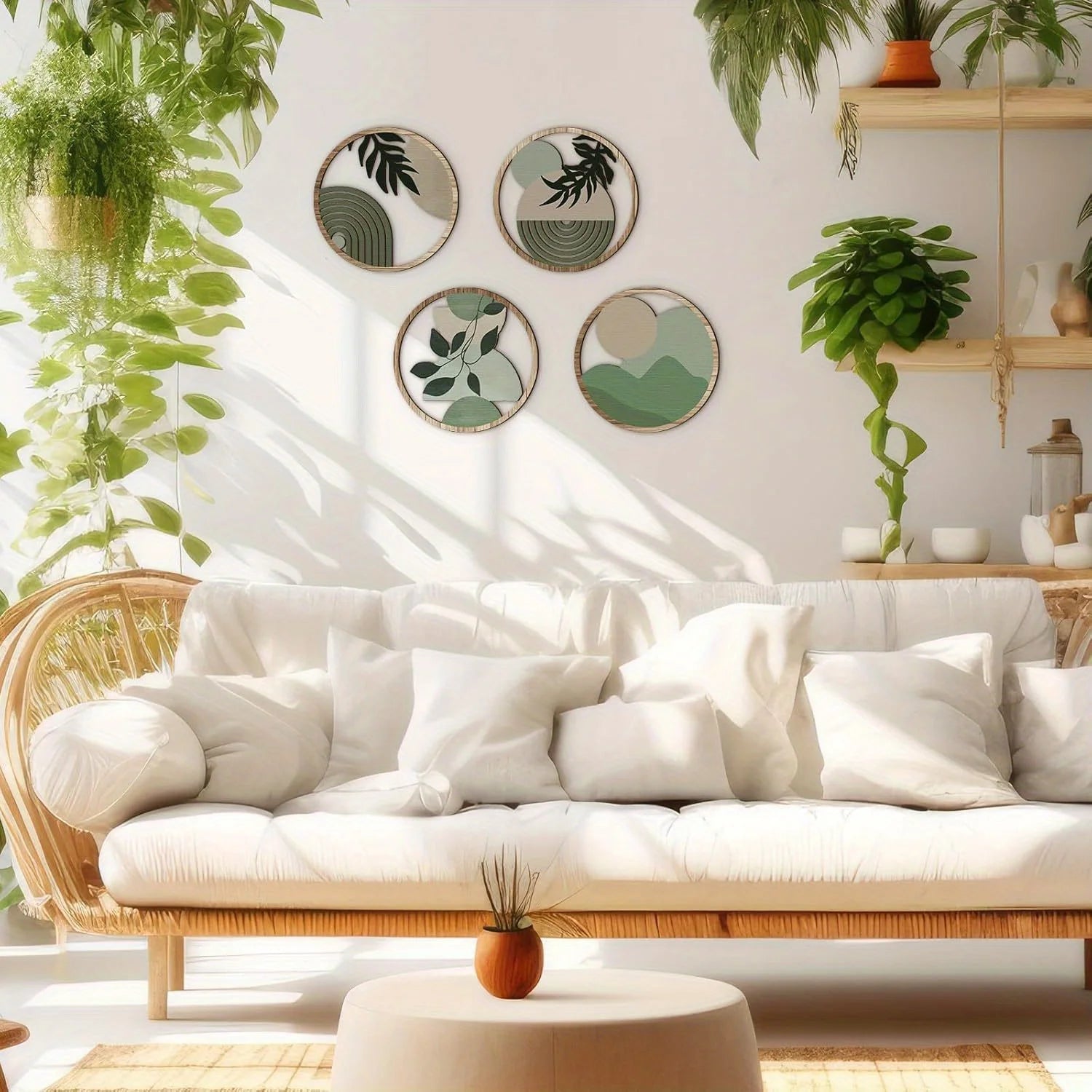 Juego de 4 cuadros bohemios para pared - Decoración bohemia de madera, obras de arte geométricas colgantes, adecuados para habitación de bebé, estética minimalista rústica