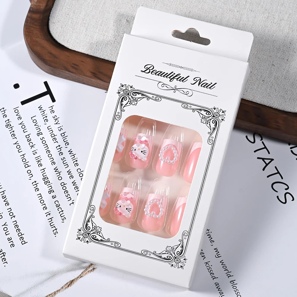 24pcs 3D Hello Kitty Heart Bow False Nails Pink-White French Press on Nails Medium Square Fake Nails for Daily/Party/Gathering *