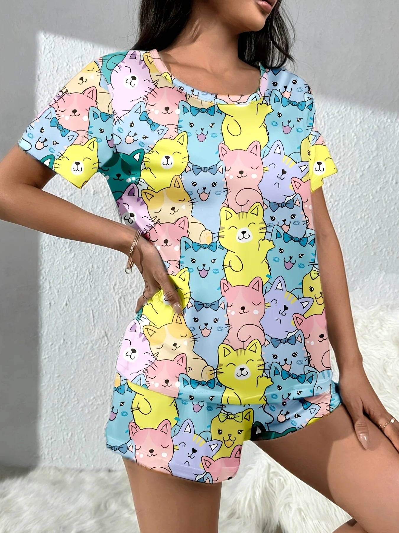 2-Piece Size Women's Summer Pajamas for Women, Casual, Romantic and Cute Printed Pajamas, Short-Sleeved Shorts Set