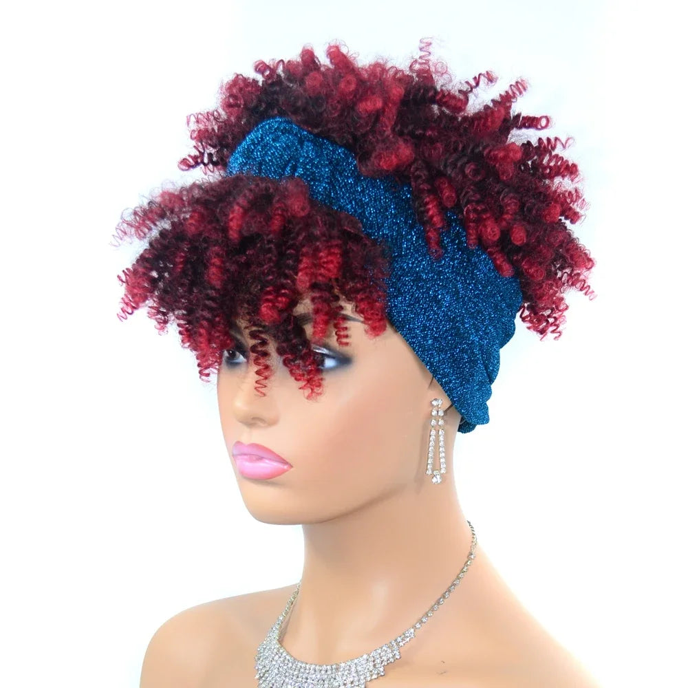Fluffy Headband Wigs for Black Women Short Afro Kinky Curly Headwrap Wig High Temperature Natural Synthetic Headband Scarf Wig