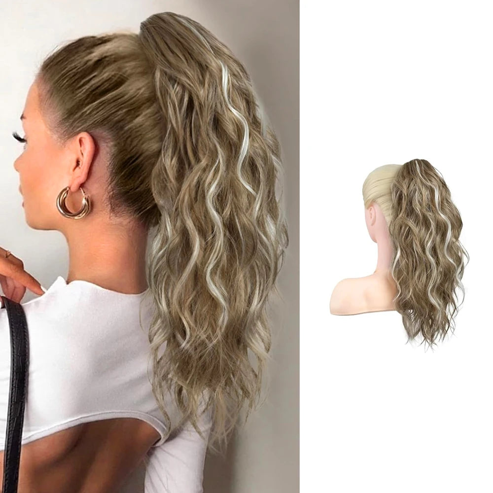 18" Wavy Claw Clip in Ponytail Hair Extensions Curly  Synthetic Fake Pony tails Hairpieces-Ash Brown with Blonde Highlights