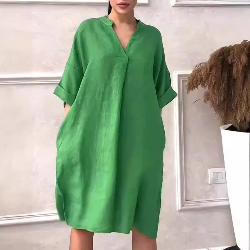 Fashion Cotton And Linen Women's V-neck Loose Dress Spring And Summer Solid Color Casual Short Sleeved Pocket Midi Dresses