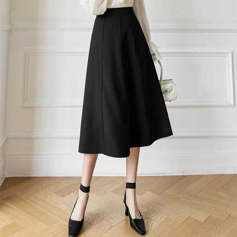 Women's Skirt Spring Women High Waist Solid Vintage Girl's Waist Down Skirt Knee-length A-line Fashion Thin Skirt for Women