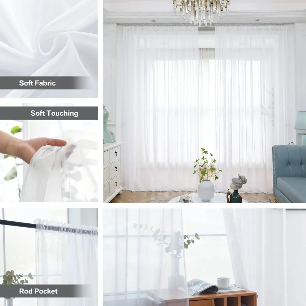 Transparente gardiner til soveromsvinduer, uformelt, ensfarget hvitt garn i tyll til barnerom/stue, kjøkkenvinduer