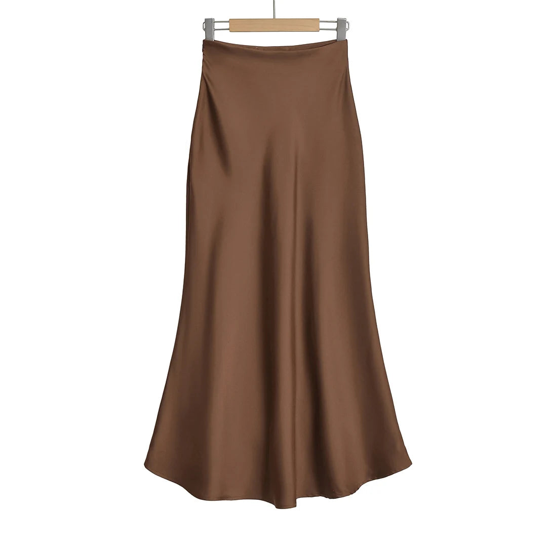 Elegant Satin Midi Slip Skirt with Side Zipper – Smooth & Flowing Fit for Versatile Styling