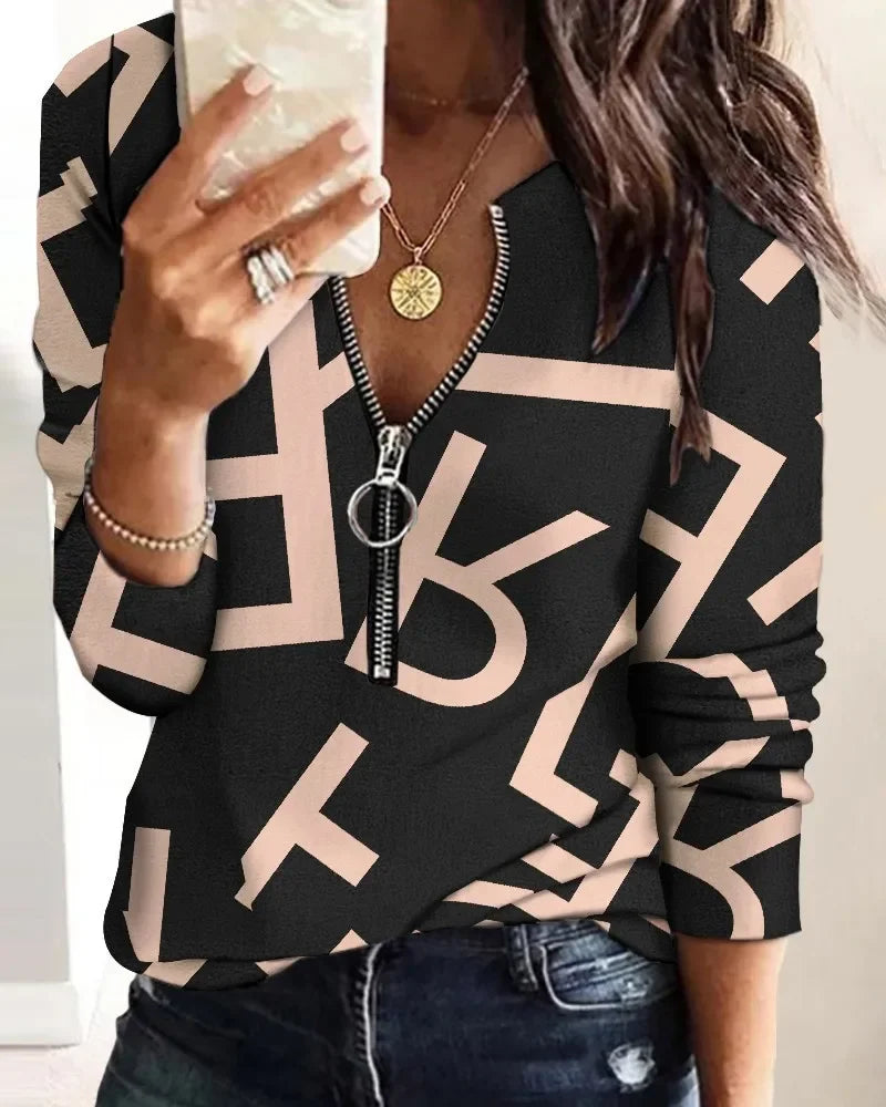 Women V Neck Fashion Casual Pullover Striped Print Zipper Front Long Sleeve Top Tops