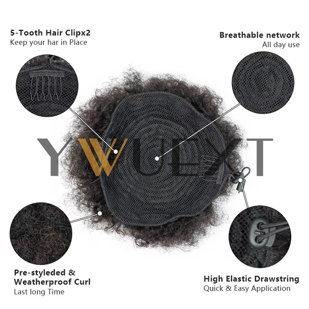 Afro Puff Ponytail 4-6 Inch Human Hair Puff Ponytail Hair Extensions Clip On Kinky Drawstring Curly Ponytail Bun Durable Natural Soft And Smooth Hairpiece Kinky Curly Bun Hair Clip In Drawstring Curly Ponytail Bun