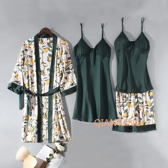 Conjunto de pijama de mujer, ropa de dormir casual, traje de bata de satén, ropa de noche para estar en casa, cuello en V, pijama suave, albornoz kimono, camisón lencería