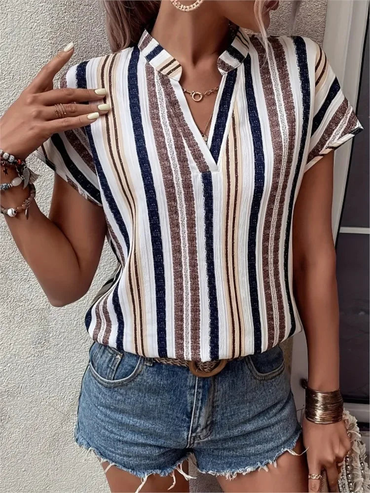 Women's Tops Blouses New Summer Casual Fashion Striped Print V-neck Short Sleeve Shirt Elegant Women Shirts Tops Streetwear