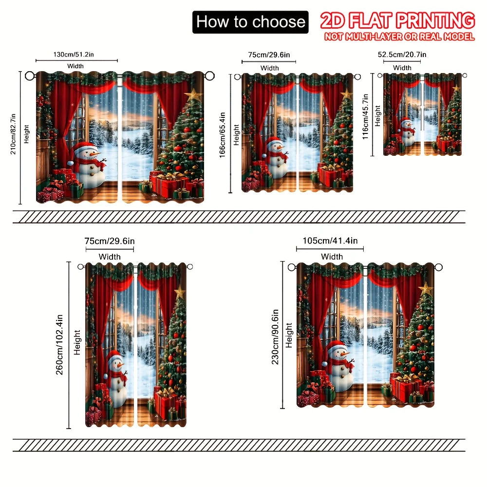 2 cortinas navideñas: Papá Noel, muñeco de nieve y encanto festivo
