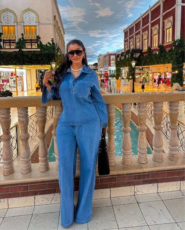Denim Pant Set Women Two Piece Sets Turn Down Collar Mom Jeans Shirt Tops Wide Leg Long Pants Straight Trousers Y2k Streetwear