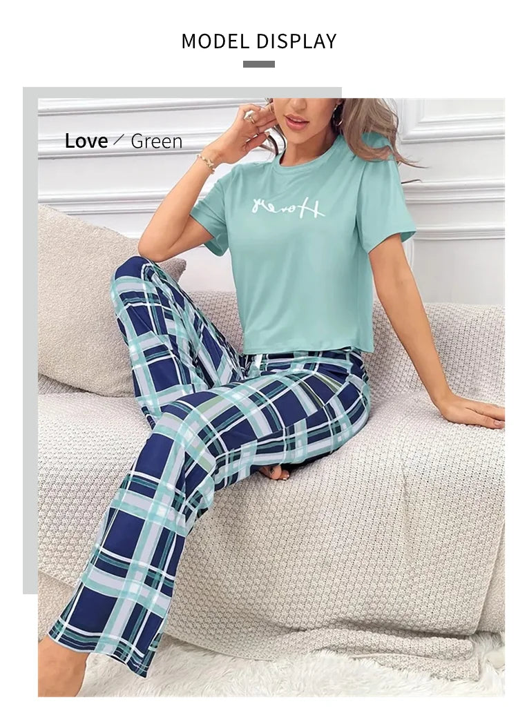 Women's Pajamas Set Soft Comfortable Letter Print T-Shirt & Plaid Long Pants Sleepwear 2 Pieces Home Clothes Loungewear Pyjama