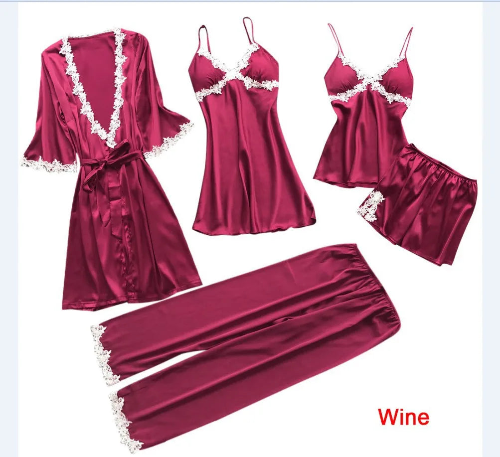 Pajamas Five Piece Set Sexy Lace Trim Nightgown Nightwear Spring Summer Women Bath Robe Loose Satin Home Wear Pijamas Suit