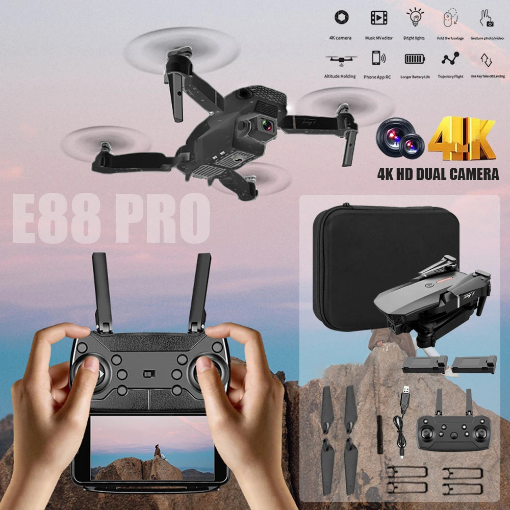 Hd 8k Drone E88 Pro Max Foldable Mini Rc Drone With Dual Camera Colorful Lights Screen Control Boys Gift 10 Min Flight Time