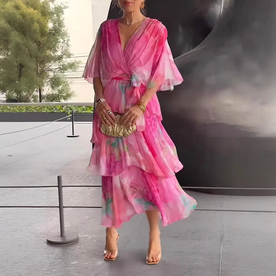 Vestido de mujer con estampado floral, multicapa, cuello en V, manga larga, estilo casual de verano