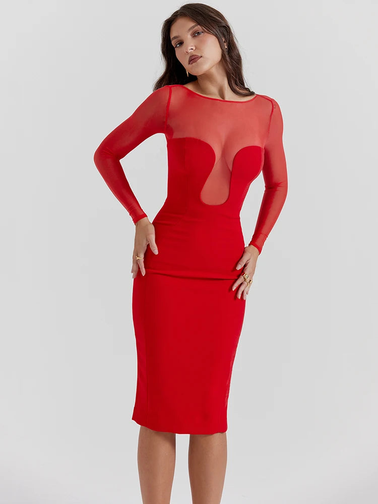 Articat Sexy Mesh Patchwork Christmas Red Dress Women Long Sleeve Bodycon Perspective Evening Dress Elegant Party Club Vestidos
