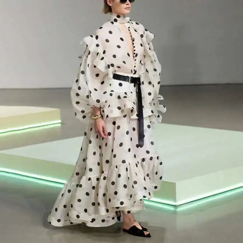 KWTX Elegant 2 Piece Set For Women Ruffles Design Gathered Waist Tops+high Waist A-line Skirts Female Fashion Clothing 2025 New