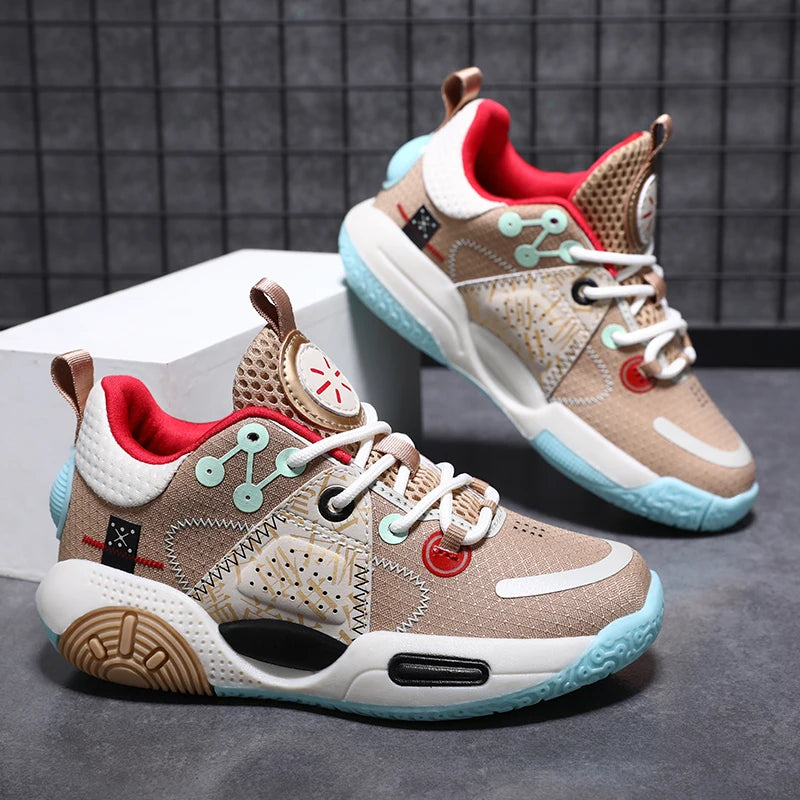 Kids Fashion Sneakers for Boys Leather Breathable Sports Basketball Shoes Lightweight Children School Walking Footwear