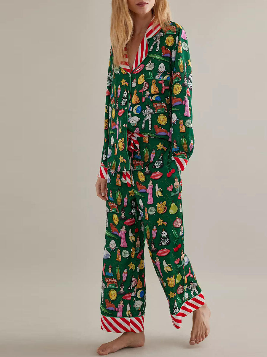 Women Pajama Set Food Animal Print Long Sleeve Button Closure Tops with Pants Sleepwear Loungewear