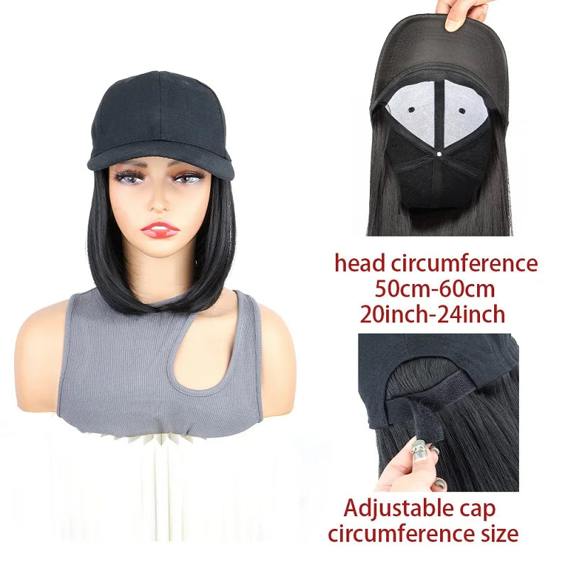 12Inch Synthetic Baseball Cap Hair Extensions Short Straight Bob Adjustable Hat Wig Easy Wear for Daily Party Women