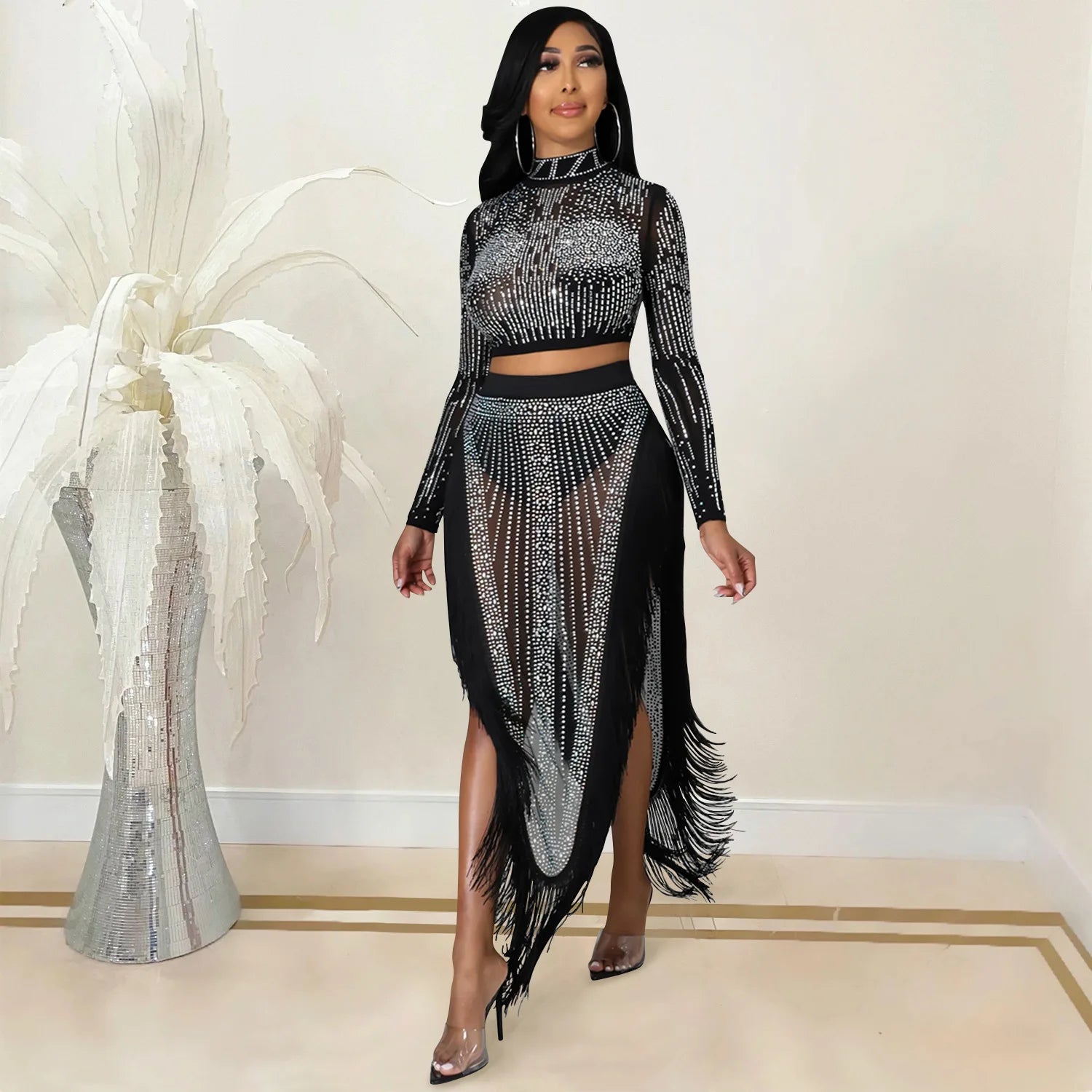 Skirt Set Women Two Piece Sets Dress Sets Mock Neck Matching Set Diamond Short Tops Party High Waist Long Skirts Sexy Hot Tassel