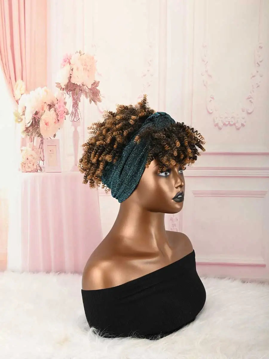 Headband Wig Curly Headband Wig With Bangs For Women Synthetic Afro Curly Hair Wig With Headband Attached Short Kinky Curly Afro High Puff With Bangs Stripes Short Red Curly Wigs with Bangs for Women, Natural Wavy Synthetic H