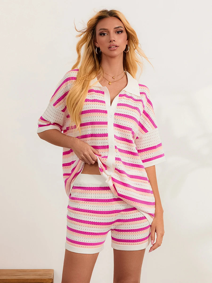 Conjunto de Pijama de Mujer de 2 Piezas Trajes de Salón Verano Rayas Contraste de Color Botón Tops de Punto de Ganchillo y Pantalones Cortos Conjuntos de Salón Playa