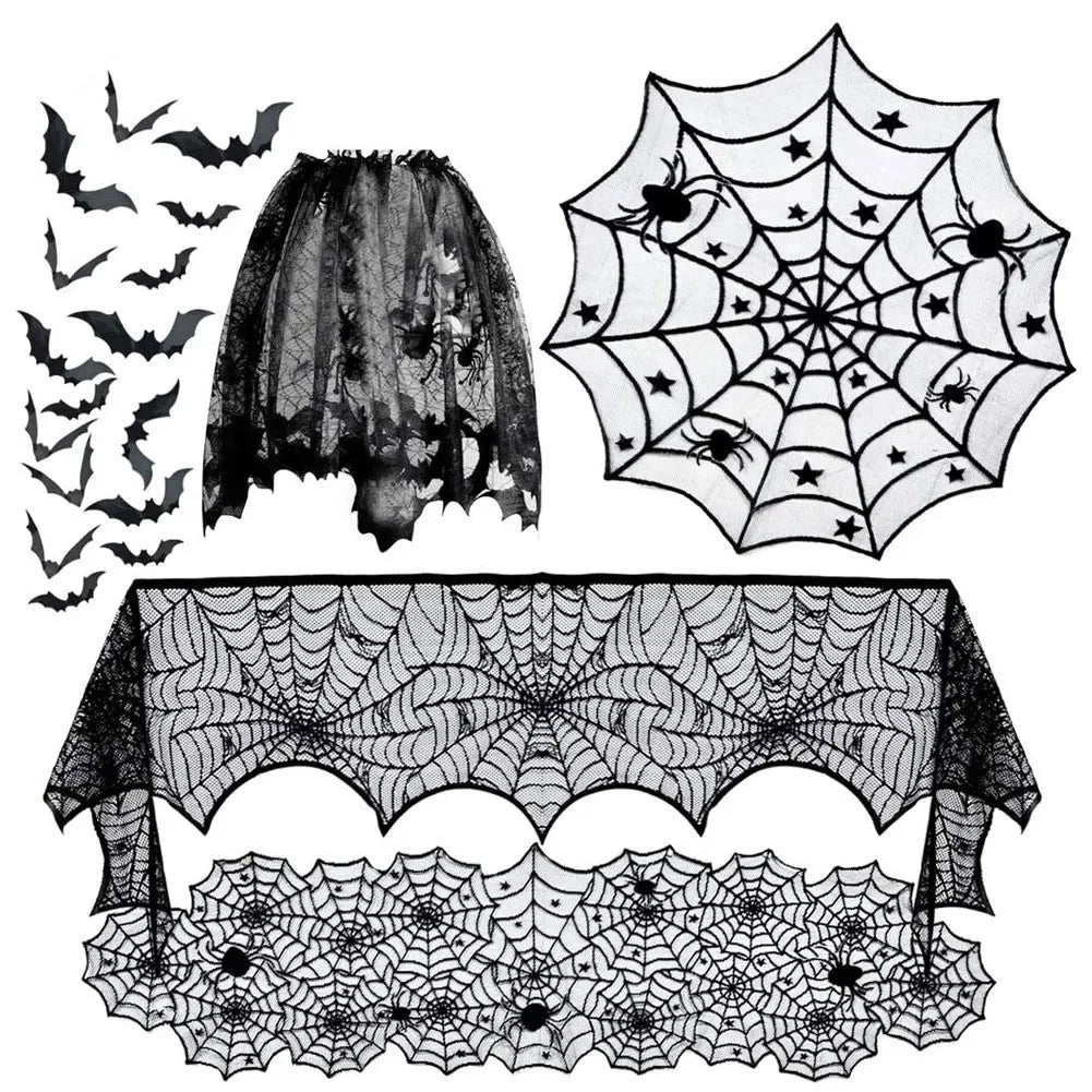 Halloween Lace Spider Web Tablecloths Black Skull Spider Web Fireplace Curtain Mantel Scarf Event Home Party Table Decorations