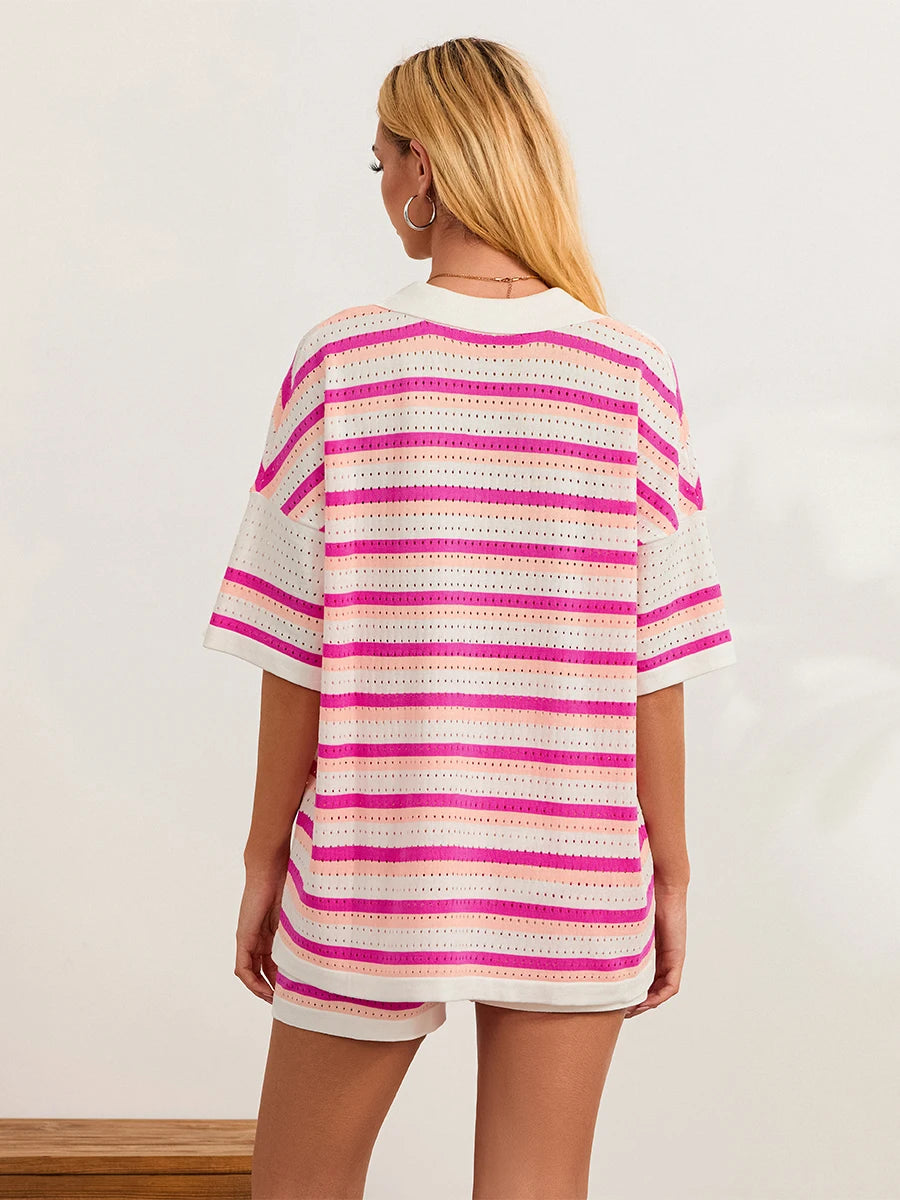 Conjunto de Pijama de Mujer de 2 Piezas Trajes de Salón Verano Rayas Contraste de Color Botón Tops de Punto de Ganchillo y Pantalones Cortos Conjuntos de Salón Playa